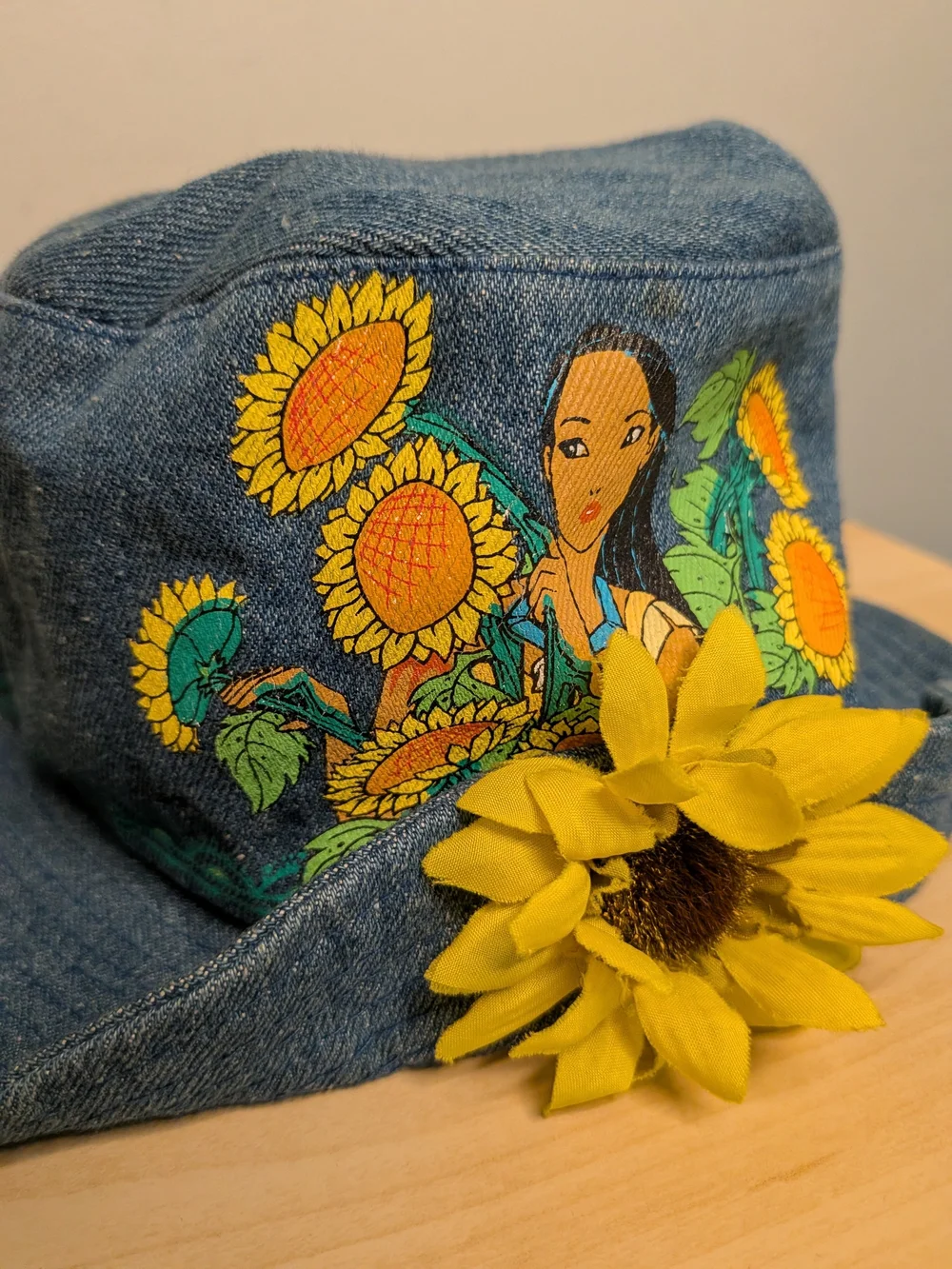 Disney Bucket Hat Kids One Size Blue Denim Pocahontas Movie Rare 90s Y2K Flower